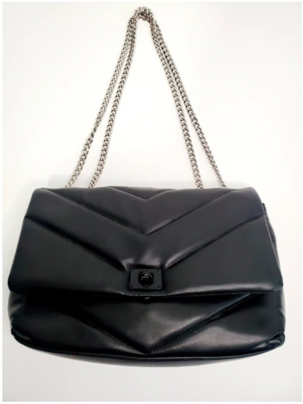 Black Quilted Shoulder Bag with Silver Chain Strap
